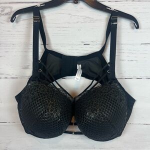 Cacique Bra 48C Black Lace  Silver Metallic Sheen Removable Cage Bra